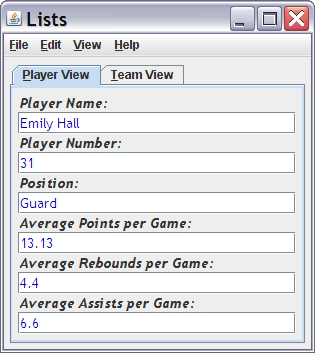 Lists window with tabs showing Player View